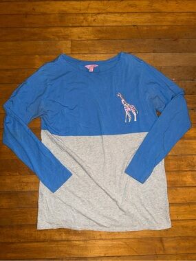 Lilly Pulitzer Blue and Gray Colorblock Long-Sleeve Top with Giraffe Accent